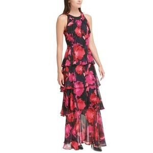Tommy Hilfiger Red Pink Floral On Black Sleeveless Tiered Ruffle Maxi Dress Sz 4